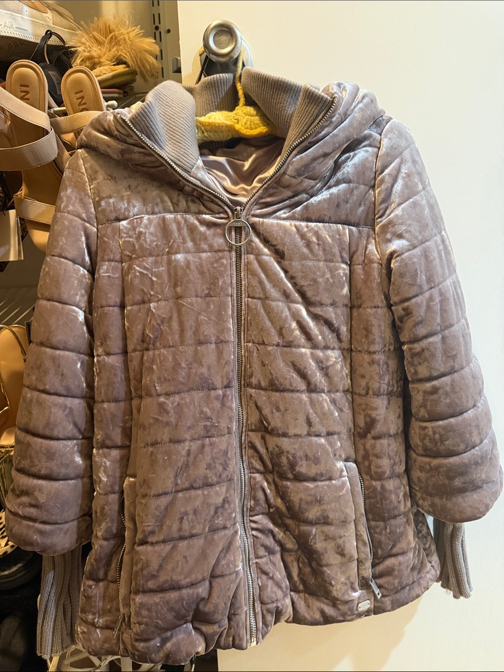 DKNY Taupe Quilted Velvet Bomber Jacket